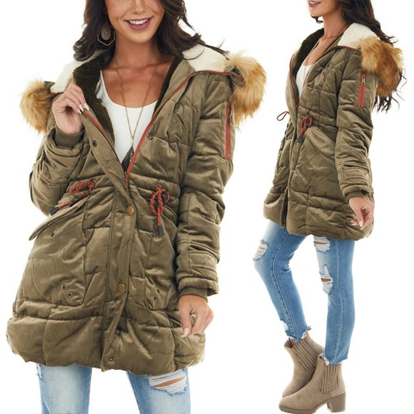 NEW Olive Green Velvet Faux Fur Hooded Soft Fur Lined Long Puffer Coat Jacket - Picture 4 of 10
